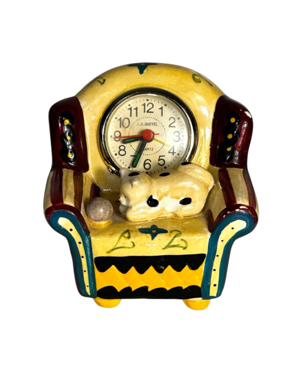 JD Marvel Vintage Kitty Cat on Chair Vintage Analog alarm Clock cream battery